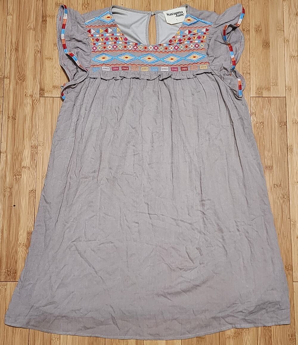 Savanna Jane Embroidered Aztec Print Top Large Gray Beige Women Boho Sleeveless